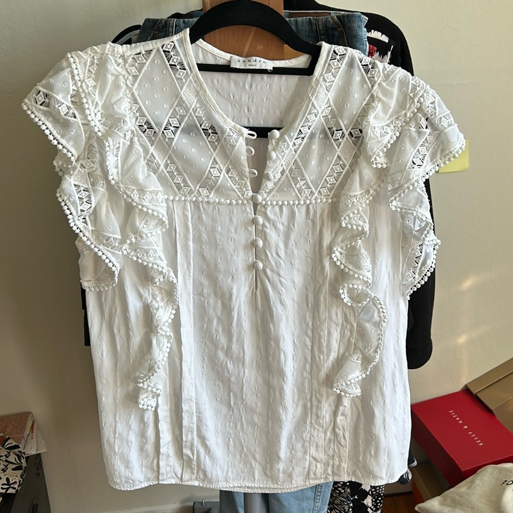 SANDRO Marka Ruffle Lace Blouse Embroidered Sleeveless top White 2